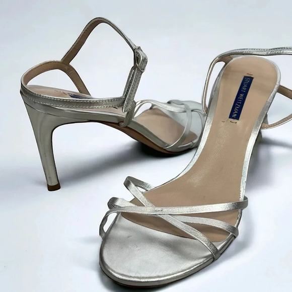 Stuart Weitzman Starla 80 Silver Metallic Leather Strappy Sandals Size 11 - Picture 1 of 12